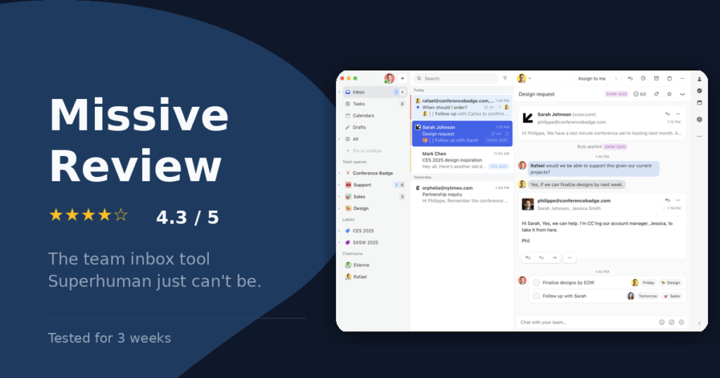 Missive review with product interface and 4.3/5 score